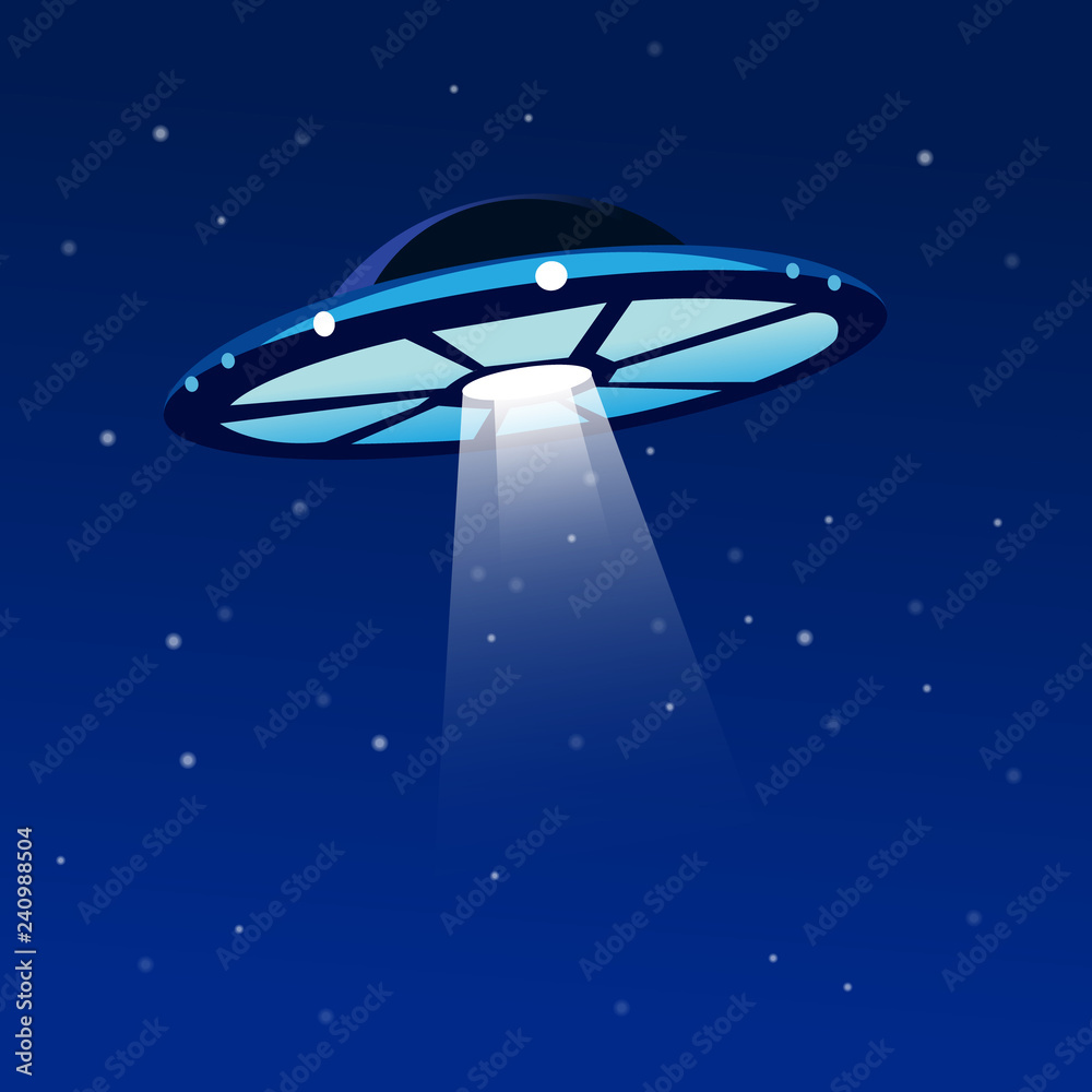 UFO light vector. Alien sky beams. Ufo spaceship with beam, saucer ufo flying illustration. UFO alien flying with lights vector illustration. Aliens futuristic spaceship, invasion, blue ray
