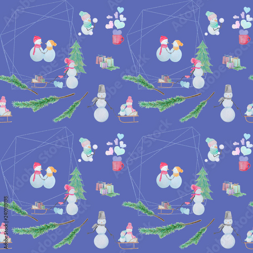 seamless pattern with snowmen with colored pencils