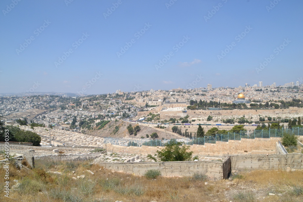 Panoramic view to Jerusalem Old city and Temple Mount, Dome of the Rock from Mt. of Olives, Israel