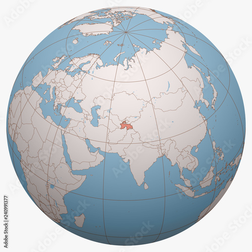 Tajikistan on the globe. Earth hemisphere centered at the location of the Republic of Tajikistan. Tajikistan map.