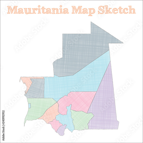 Mauritania map. Hand-drawn country. Sublime sketchy Mauritania map with regions. Vector illustration.