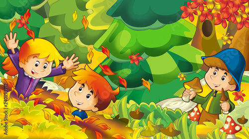 Fototapeta Naklejka Na Ścianę i Meble -  cartoon autumn nature background with boy gathering mushrooms - illustration for children