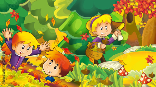 cartoon autumn nature background with girl and boy gathering mushrooms - illustration for children