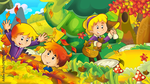 Fototapeta Naklejka Na Ścianę i Meble -  cartoon autumn nature background with girl and boy gathering mushrooms - illustration for children