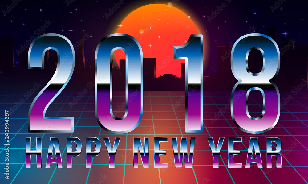 Synthwave style 2018 New Year design Retro wave landscape. 80s Retro