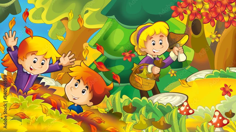 Fototapeta premium cartoon autumn nature background with girl and boy gathering mushrooms - illustration for children