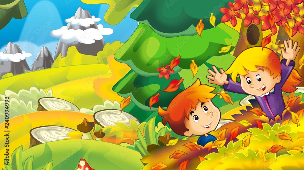 Naklejka premium cartoon autumn nature background with girl and boy having fun with the leafs - illustration for children