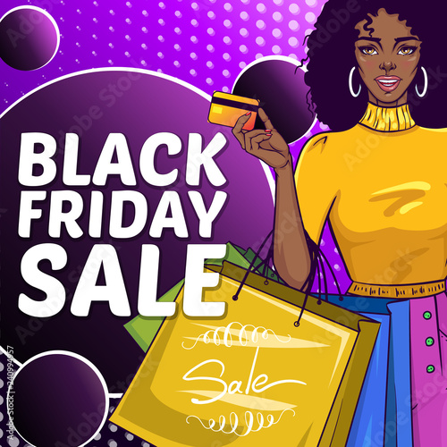 Black Friday sale, commercial illustrated banner. Creative discount poster in Pop art style. Smiling pretty girl holding credit or debit card and shopping bags. 