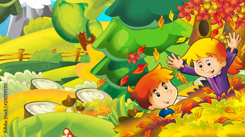 Fototapeta Naklejka Na Ścianę i Meble -  cartoon autumn nature background with girl and boy gathering mushrooms - illustration for children