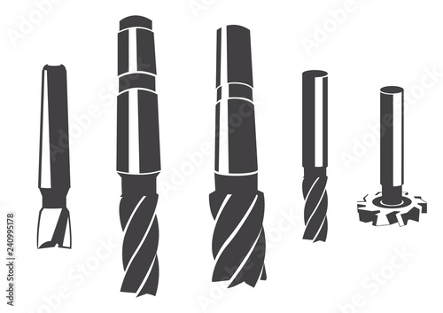 Cylindrical milling cutter for various types of milling. Set of vector icons