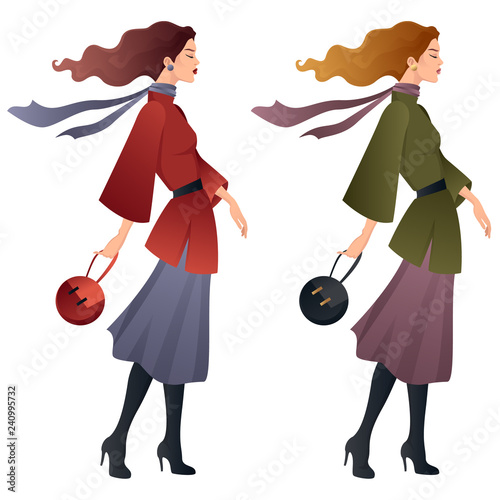 Flat art fashion woman. Vector illustration of walking female model wearing demi-season coat, scarf, midi dress, boots and holding purse bag in one hand. Isolated on white background.