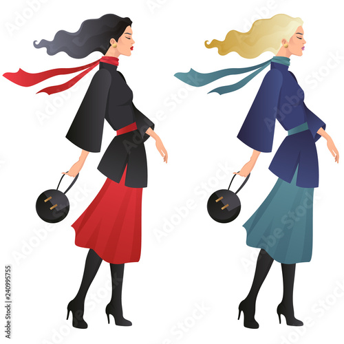 Flat art fashion woman. Vector illustration of walking female model wearing demi-season coat, scarf, midi dress, boots and holding purse bag in one hand. Isolated on white background.