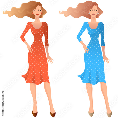 Flat art fashion woman. Vector illustration of female model wearing casual midi dress, and holding purse bag in one hand. Isolated on white background.