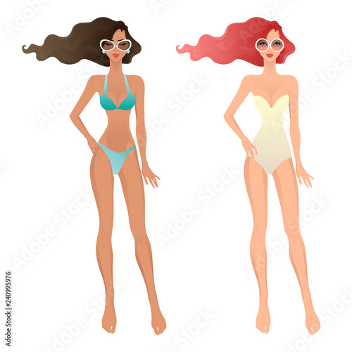 Flat art fashion woman. Vector illustration of female model wearing swimming suit and bikini. Isolated on white background.