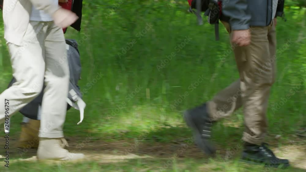 Low-section tracking shot of legs of unrecognizable people with backpacks walking along forest path on sunny summer day Low-section tracking shot of legs of unrecognizable people with backpacks walking along forest path on sunny summer day