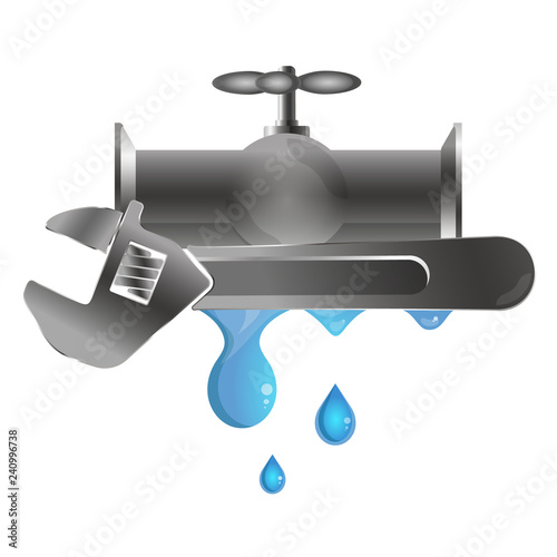 Water tap with water drops and spanner. Plumbing repair symbol