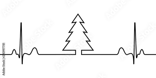 New year eve tree and heartbeat in one line, vector Christmas tree heart rhythm, beginning year