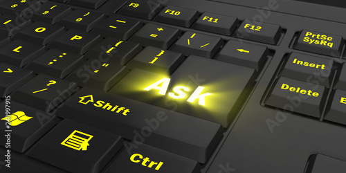 yellow glowing Ask key on black computer keyboard, 3d illustration