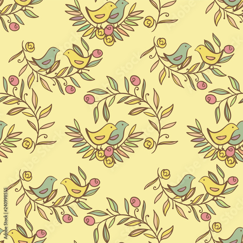 Vintage Floral Seamless Background with Birds, watercolor Illustration