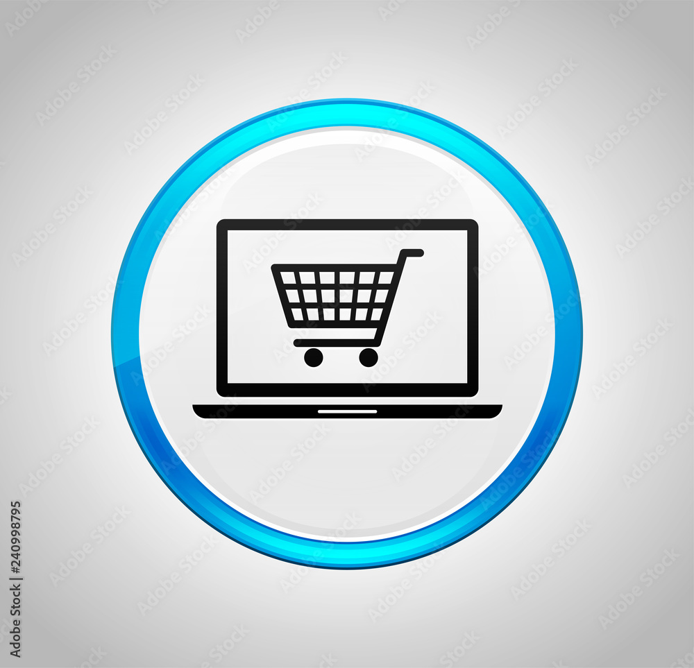 Online shopping cart laptop icon round blue push button Online shopping cart laptop icon round blue push button