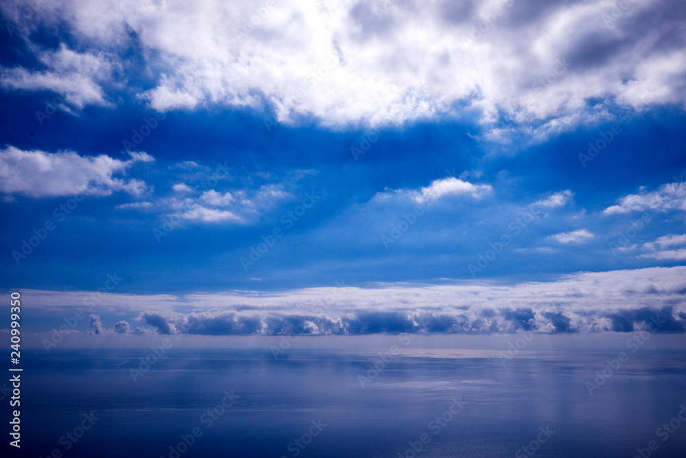 blue sky, white clouds and calm blue sea
