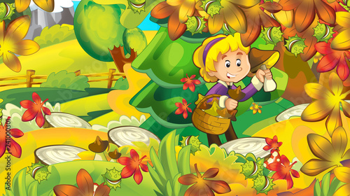 cartoon autumn nature background with girl gathering mushrooms in the forest near the mountains - illustration for children