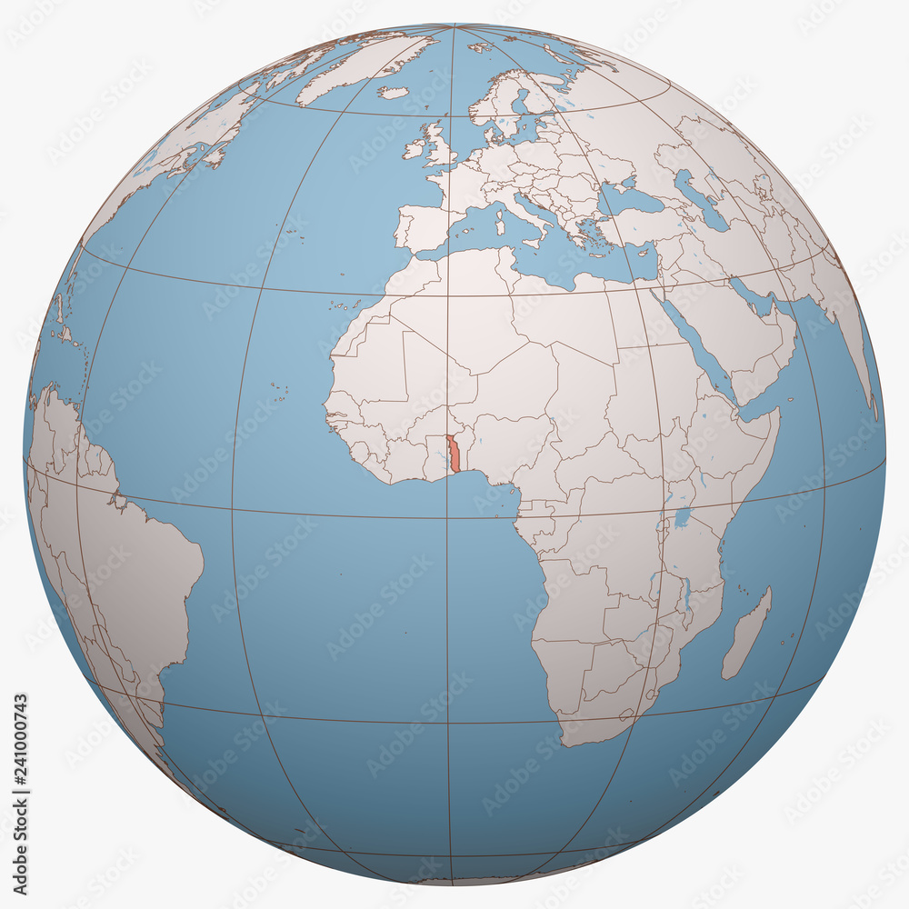 Togo on the globe. Earth hemisphere centered at the location of the Togolese Republic. Togo map. Togo on the globe. Earth hemisphere centered at the location of the Togolese Republic. Togo map.