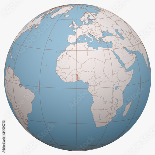 Togo on the globe. Earth hemisphere centered at the location of the Togolese Republic. Togo map.