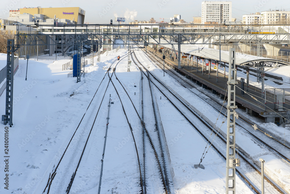 March 20, 2018: Photo of a railway junction under the city bridge. Moscow. Russia.