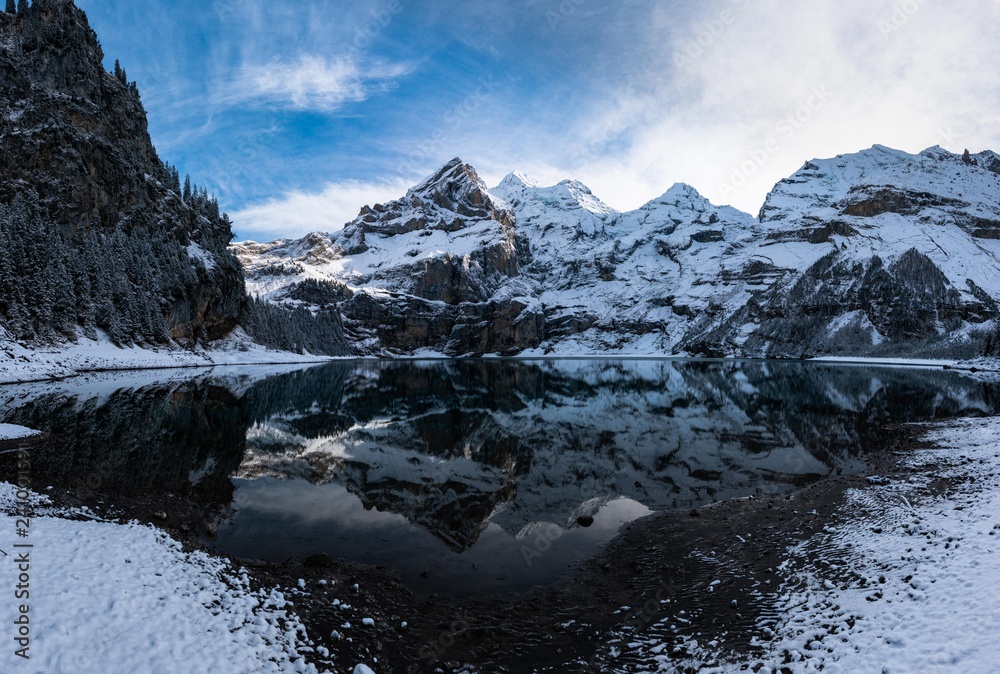 A panorama of a lake in the middle of the mountains