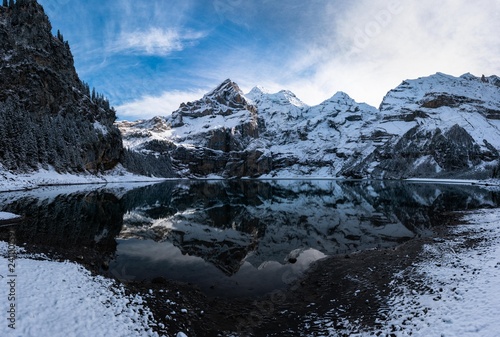 A panorama of a lake in the middle of the mountains