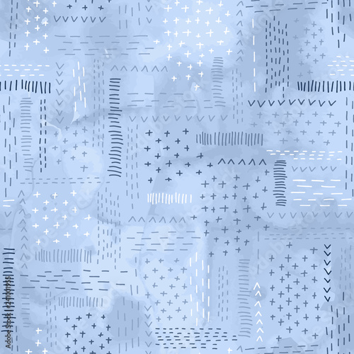 Light blue vector seamless pattern with hand drawn stitches inspired by Japanese embroidery technique boro and a vectorized watercolor background