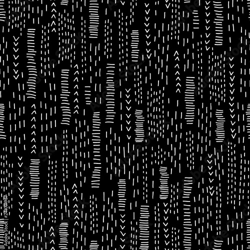 Black and white dashed texture vector seamless pattern with hand drawn stitches inspired by Japanese embroidery technique boro