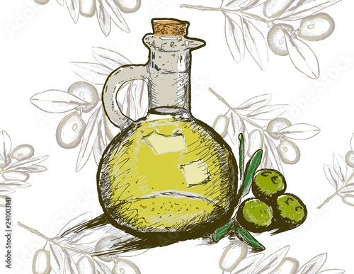 Vector bottle of olive oil with olive branch. Seamless pattern.