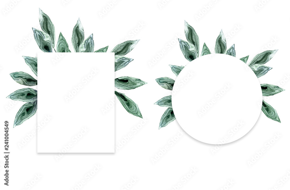 Set floral greenery card design: branch green leaves square and circle frame. Wedding invite poster invitation Watercolor hand drawn art illustration.