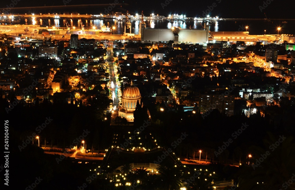 View of Downtown Haifa and Port from the Bahai Gardens on Mt Carmel at night, Israel
