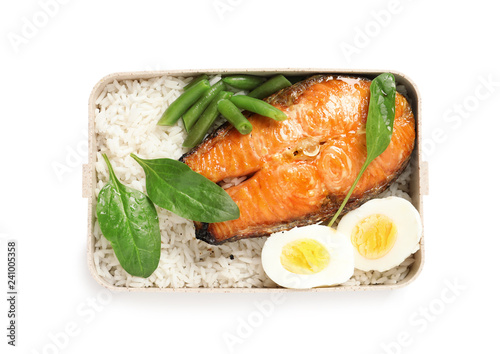 Container with natural protein food on white background, top view