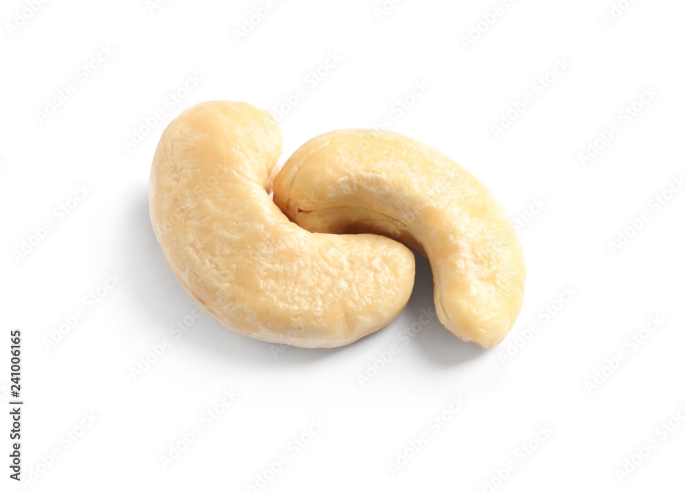 Tasty organic cashew nuts isolated on white Tasty organic cashew nuts isolated on white