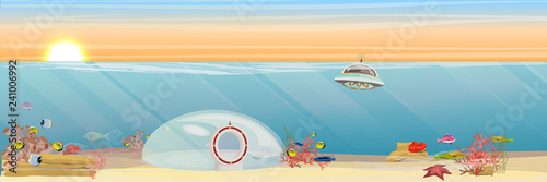 Underwater Landing base for the UFO on the bottom of the southern sea. A glass dome, a flying saucer, bright tropical fish, starfish, sponges, corals and algae. Fantastic illustration