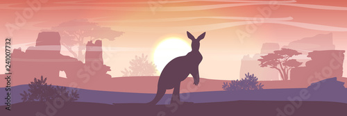 Big red kangaroos are jumping over the Australian plain. Acacia trees and eucalyptus trees. Wild nature of Australia. Realistic vector landscape. Silhouettes of animals and plants. Travels © AnnstasAg