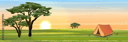 Tent for rest and tourism in the African savannah. Realistic vector landscape. The nature of Africa. Reserves and national parks. Camping and tourism.