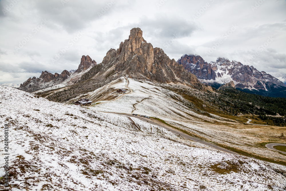 Snowy Passo di Giau in the Dolomites of Northern Italy, Europe