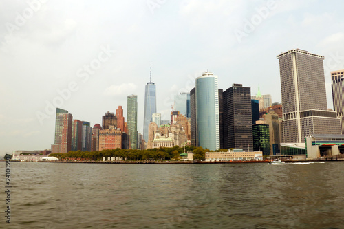 NEW YORK  USA - August 31  2018  Panoramic view of Manhattan Island with modern buildings and Hudson river. Scenery skyline view of contemporary glass skyscrapers of downtown financial district 