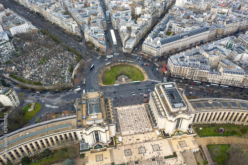Fototapeta Naklejka Na Ścianę i Meble -  Aerial View of Paris City Streets feat. Place du Trocadéro Square and Statue Equestre du Maréchal Foch Landmark, Palais de Chaillot Museum and Theatre Birds Eye View in France around Trocadero Station