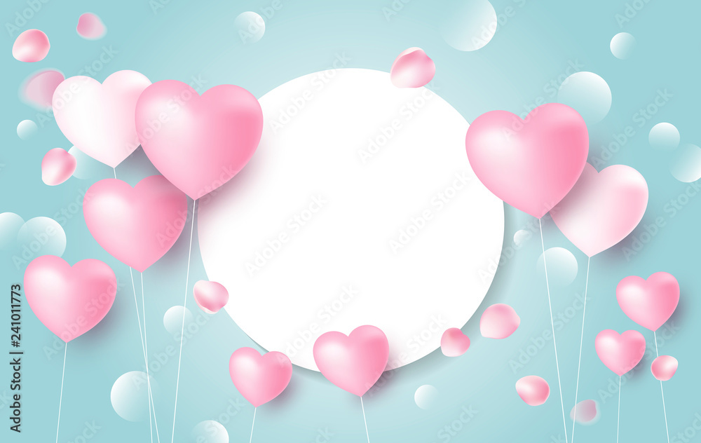 Love banner concept design of heart balloons with rose petals falling on blue background vector illustration