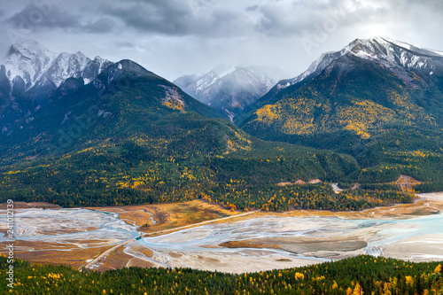 Aerial view of a logging road in the Canadian Rocky Mountains of British Columbia, Canada