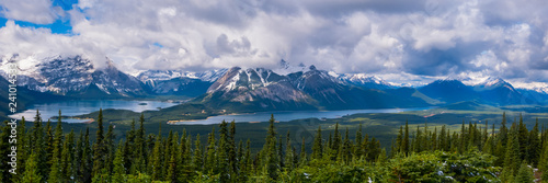A panoramic view of the Kananaskis Valley including the Upper and Lower Kananaskis Lakes from the Kananaskis fire lookout in Peter Lougheed Provincial Park, Alberta, Canada