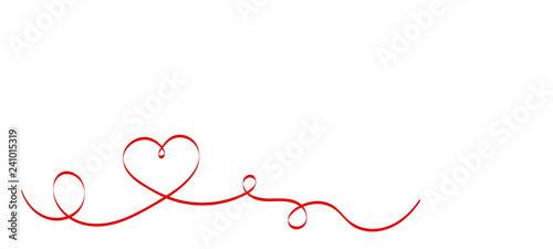 Calligraphy Red Heart Ribbon on White background. Red curved band with two hearts. Valentines day Romantic greeting card with stripes.  Mother's day vector design. Wedding invitation card elements.