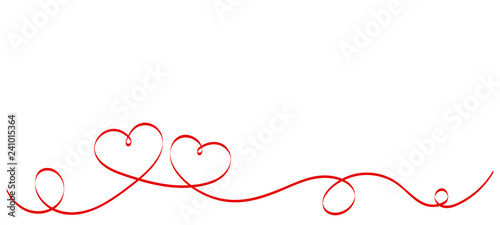 Calligraphy Red Heart Ribbon on White background. Red curved band with two hearts. Valentines day Romantic greeting card with stripes. Mother's day vector design. Wedding invitation card elements.