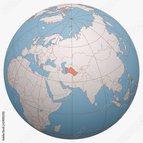 Turkmenistan on the globe. Earth hemisphere centered at the location of the Republic of Turkmenistan. Turkmenia map.